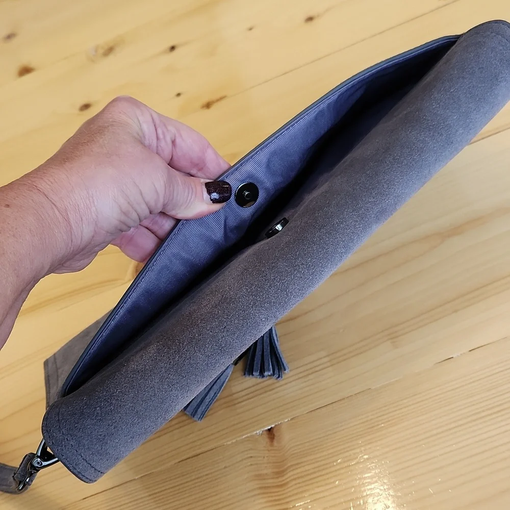 White House Black Market Gray Suede Clutch Wristlet Bag Tassels Envelope - Picture 5 of 13